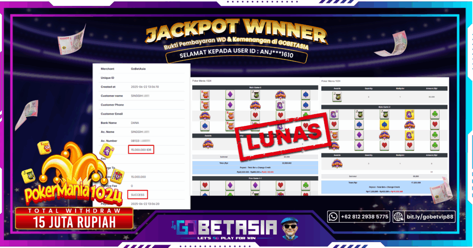 Bukti pembayaran Jackpot di GOBETASIA