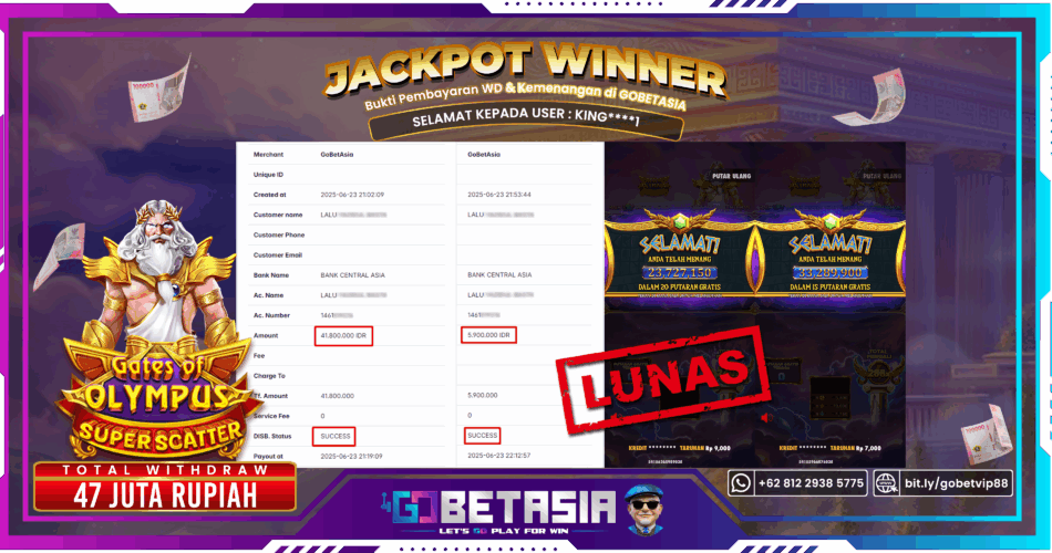 Bukti pembayaran Jackpot di GOBETASIA