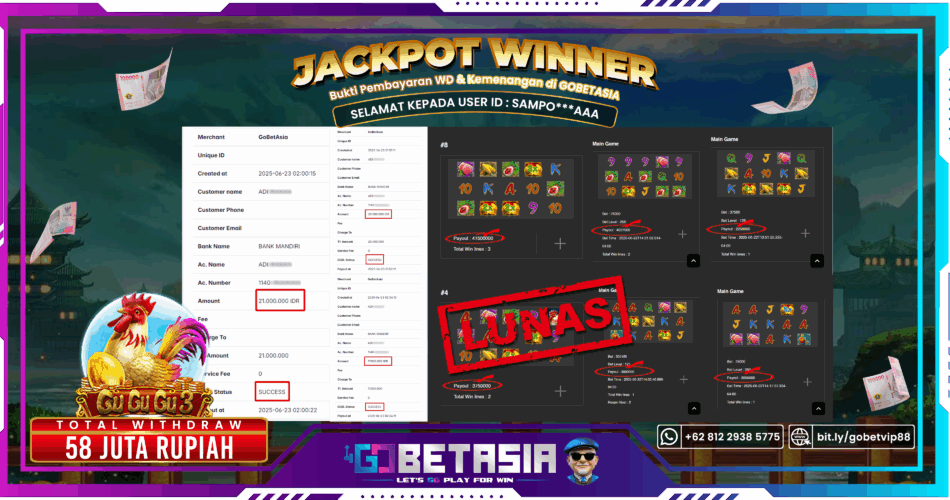 Bukti pembayaran Jackpot di GOBETASIA