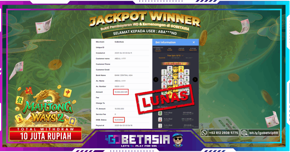 Bukti pembayaran Jackpot di GOBETASIA