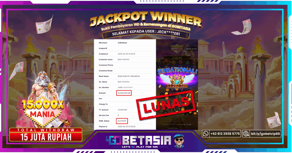 Bukti pembayaran Jackpot di GOBETASIA