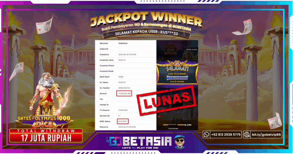 Bukti pembayaran Jackpot di GOBETASIA