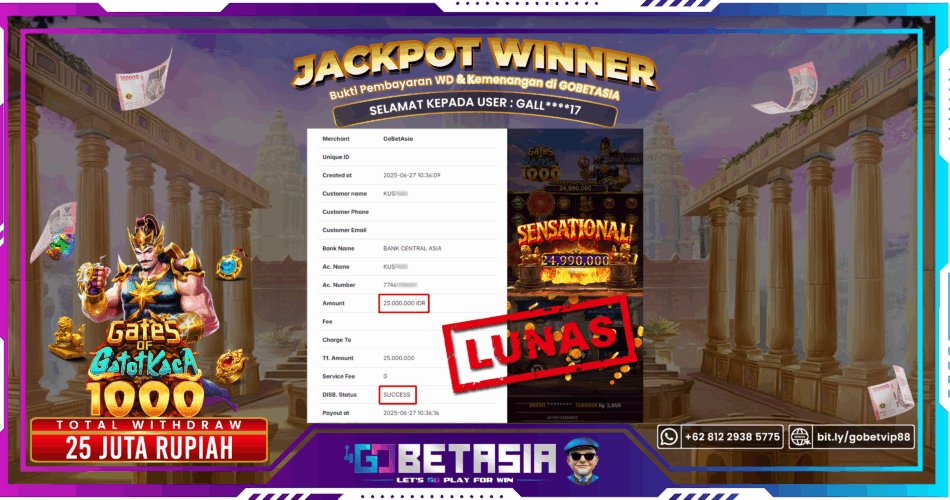 Bukti pembayaran Jackpot di GOBETASIA