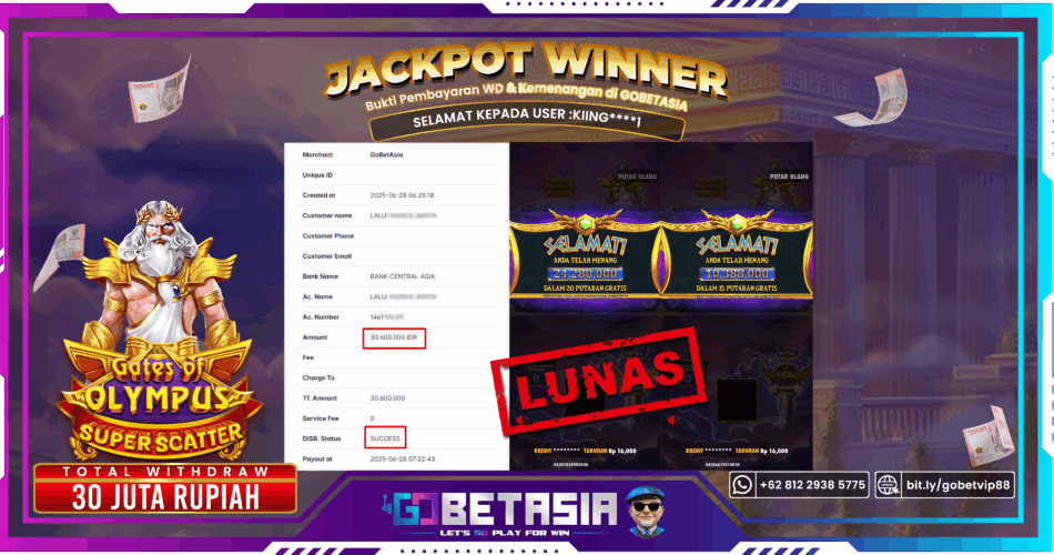 Bukti pembayaran Jackpot di GOBETASIA
