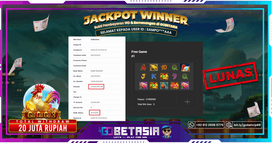 Bukti pembayaran Jackpot di GOBETASIA