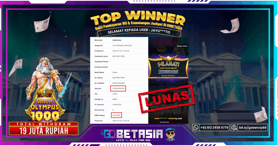 Bukti pembayaran Jackpot di GOBETASIA
