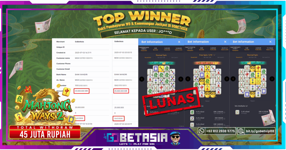 Bukti pembayaran Jackpot di GOBETASIA