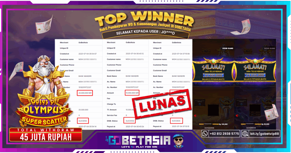 Bukti pembayaran Jackpot di GOBETASIA