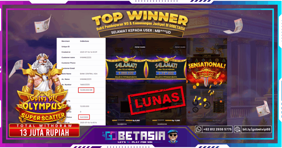 Bukti pembayaran Jackpot di GOBETASIA