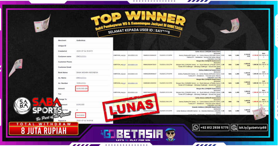 Bukti pembayaran Jackpot di GOBETASIA