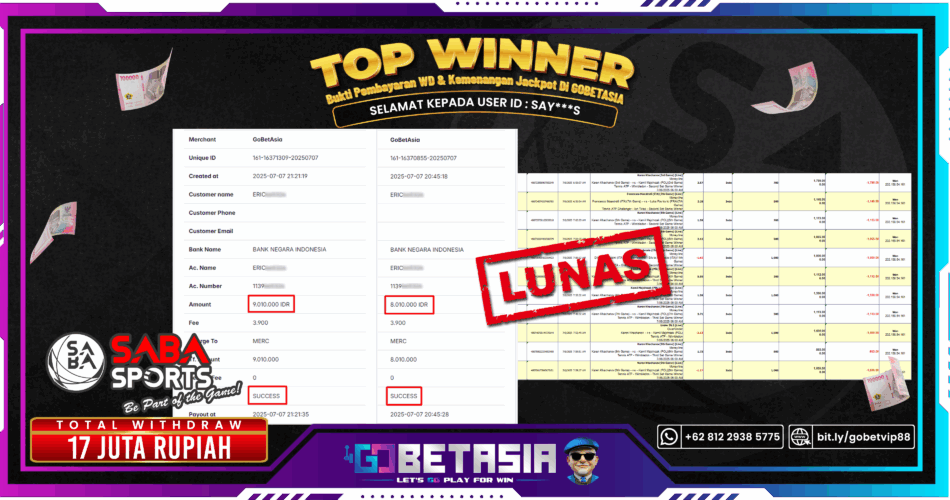 Bukti pembayaran Jackpot di GOBETASIA