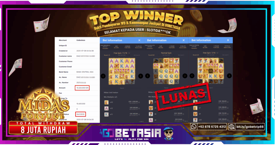 Bukti pembayaran Jackpot di GOBETASIA