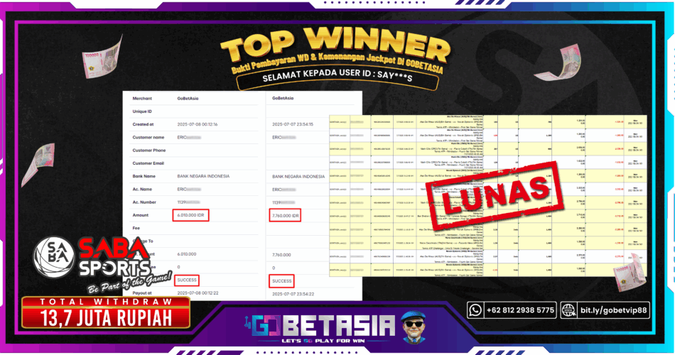 Bukti pembayaran Jackpot di GOBETASIA