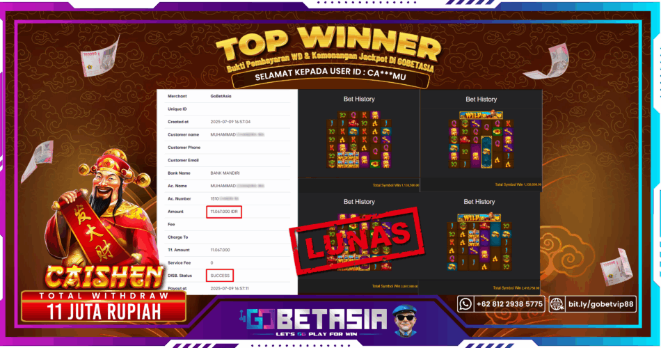 Bukti pembayaran Jackpot di GOBETASIA