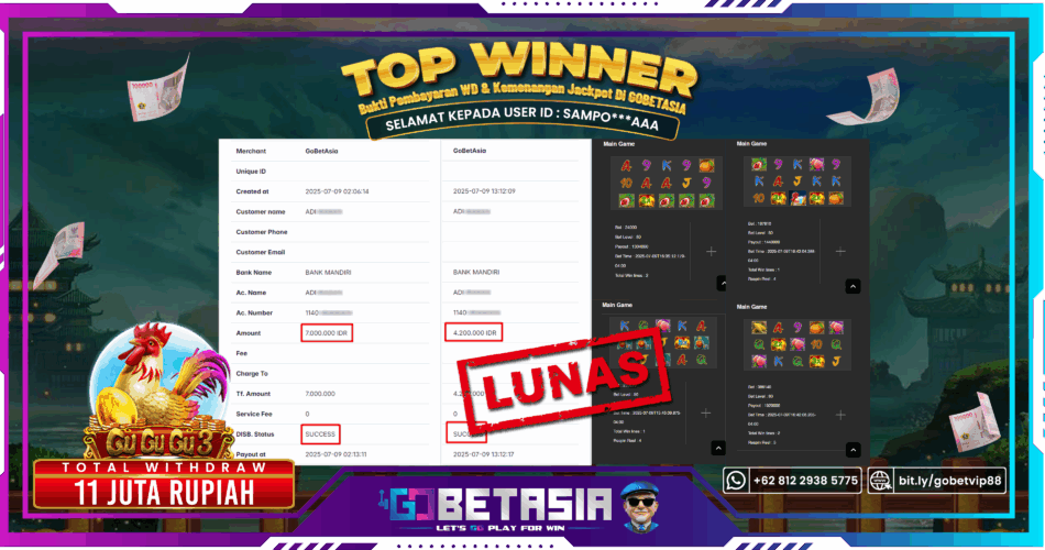 Bukti pembayaran Jackpot di GOBETASIA