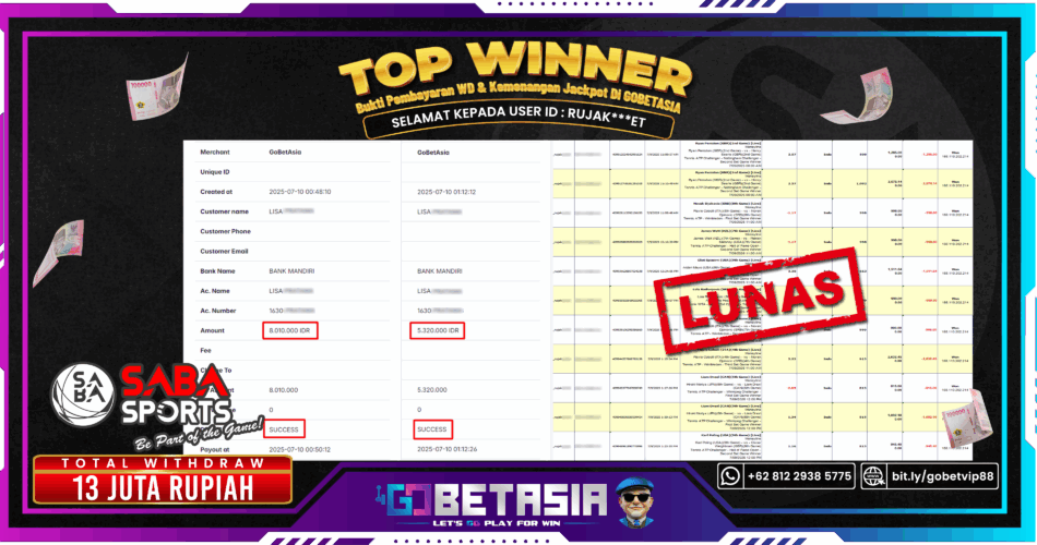 Bukti pembayaran Jackpot di GOBETASIA