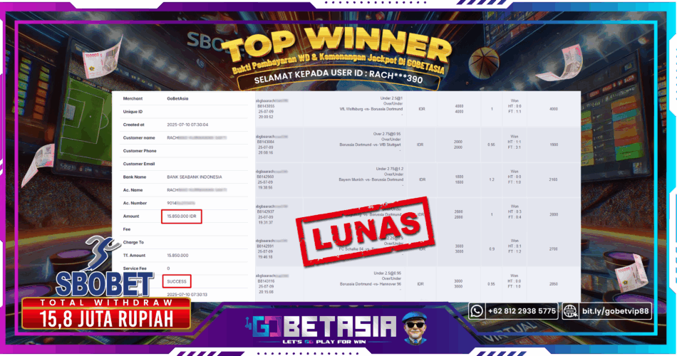 Bukti pembayaran Jackpot di GOBETASIA