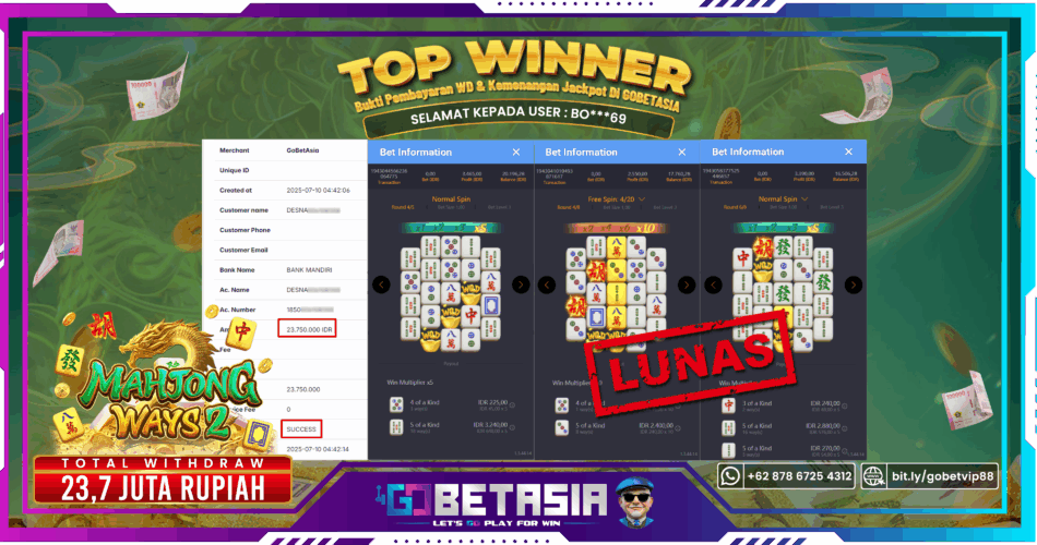 Bukti pembayaran Jackpot di GOBETASIA