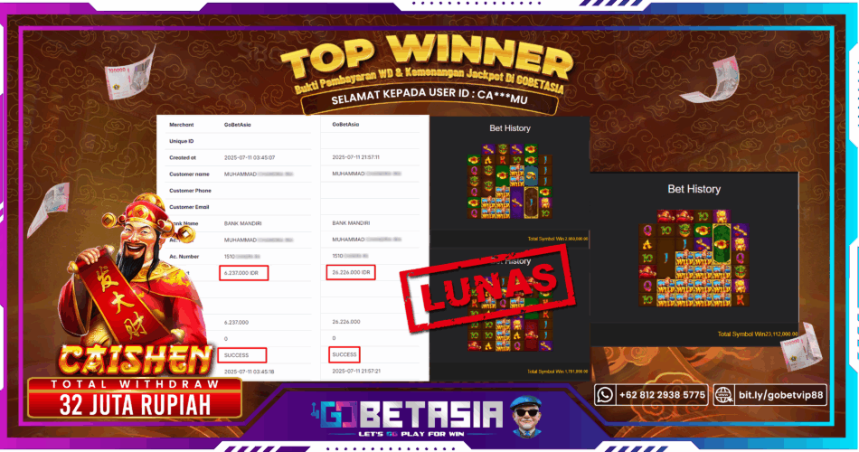 Bukti pembayaran Jackpot di GOBETASIA