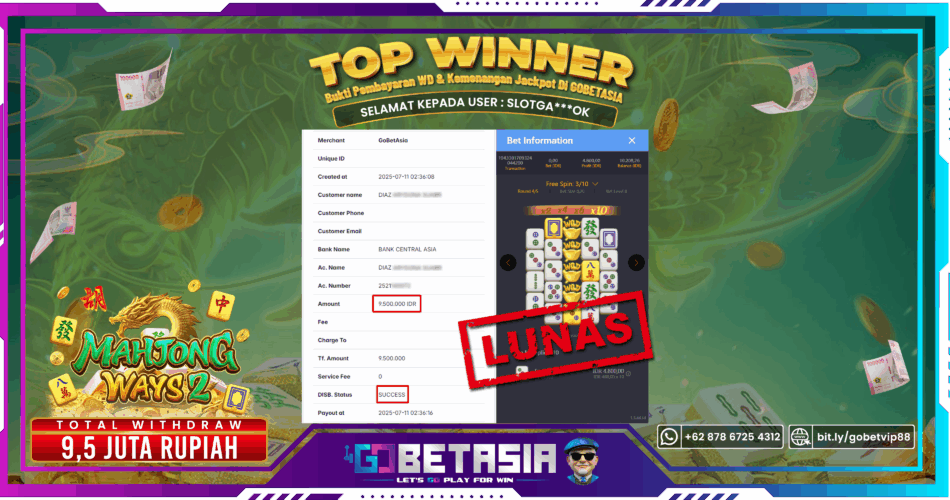 Bukti pembayaran Jackpot di GOBETASIA