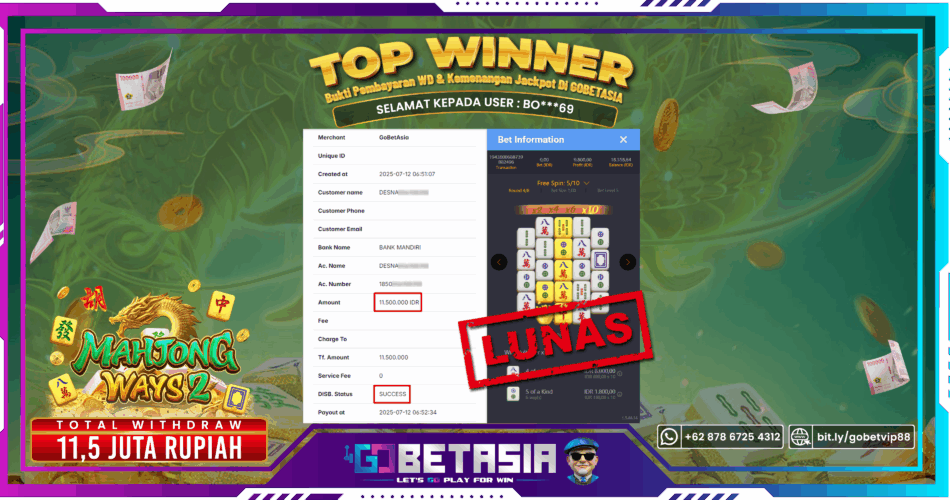 Bukti pembayaran Jackpot di GOBETASIA