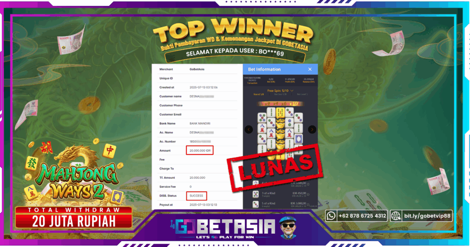 Bukti pembayaran Jackpot di GOBETASIA