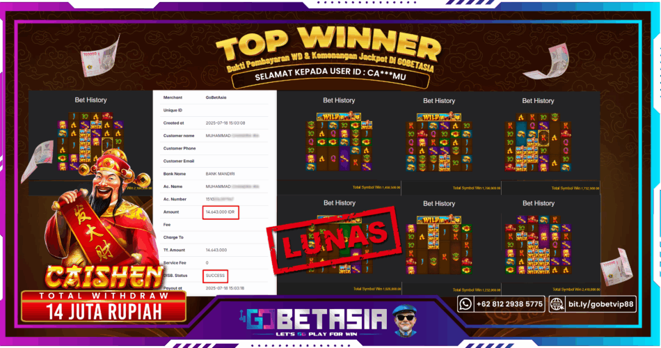 Bukti pembayaran Jackpot di GOBETASIA