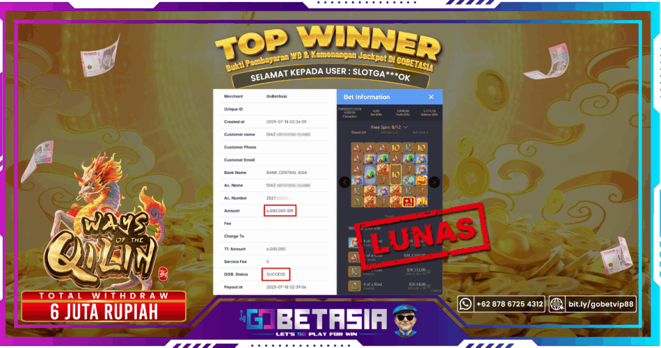 Bukti pembayaran Jackpot di GOBETASIA