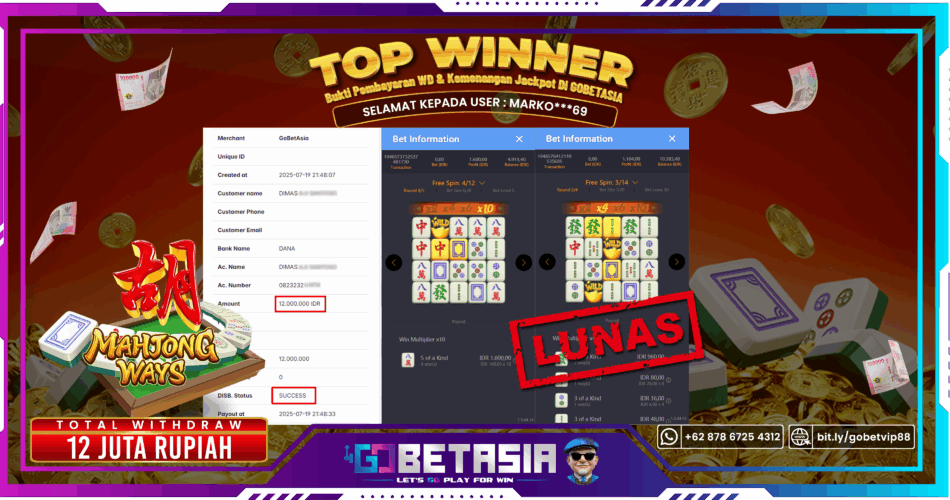 Bukti pembayaran Jackpot di GOBETASIA