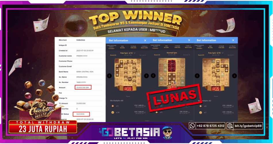 Bukti pembayaran Jackpot di GOBETASIA