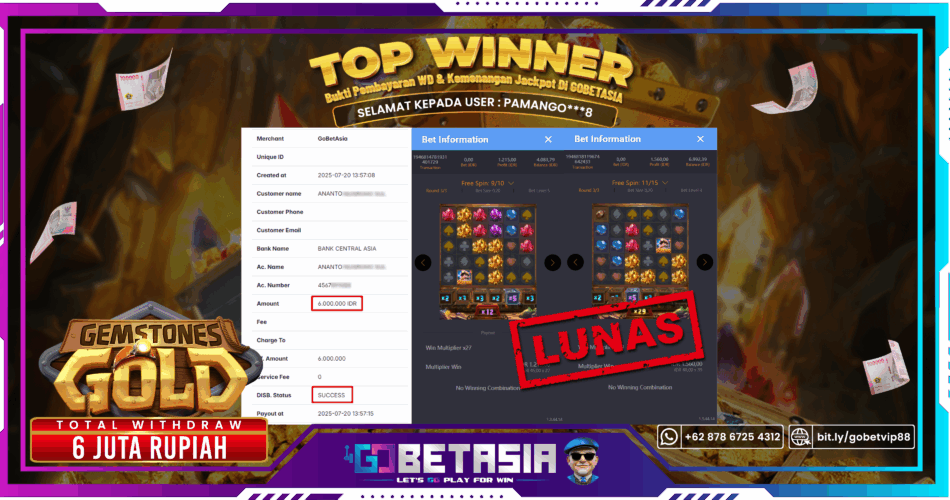 Bukti pembayaran Jackpot di GOBETASIA