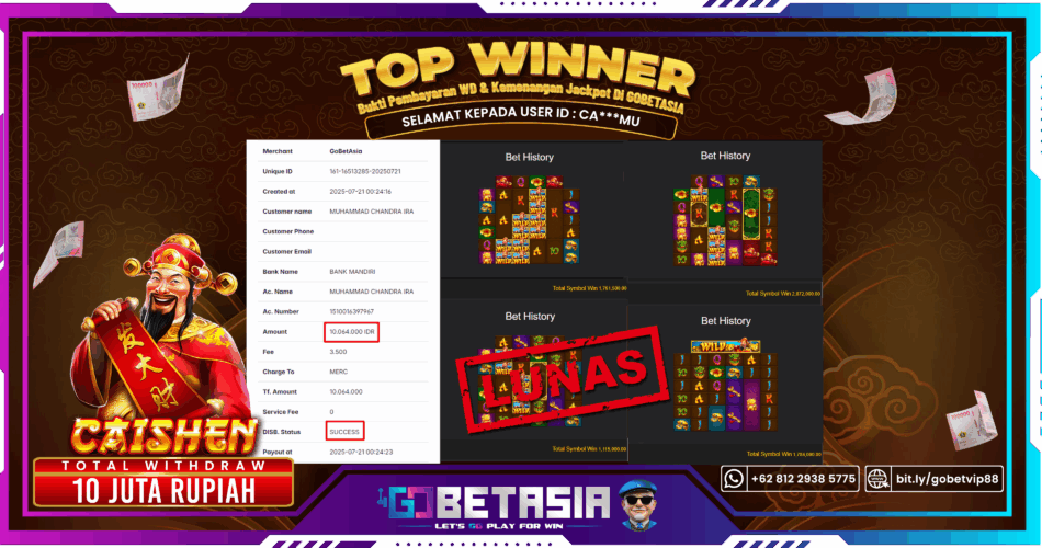 Bukti pembayaran Jackpot di GOBETASIA