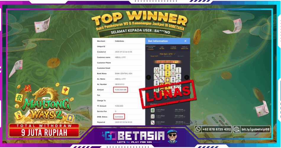 Bukti pembayaran Jackpot di GOBETASIA