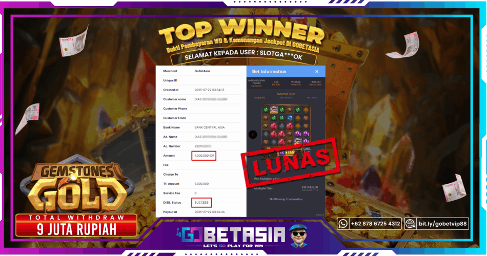 Bukti pembayaran Jackpot di GOBETASIA
