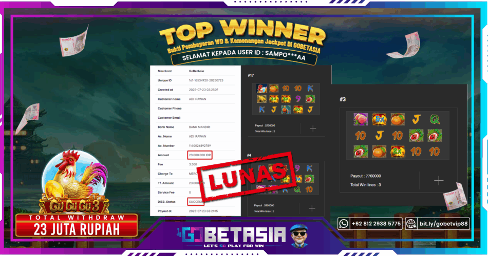 Bukti pembayaran Jackpot di GOBETASIA