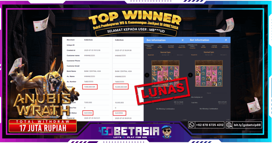 Bukti pembayaran Jackpot di GOBETASIA