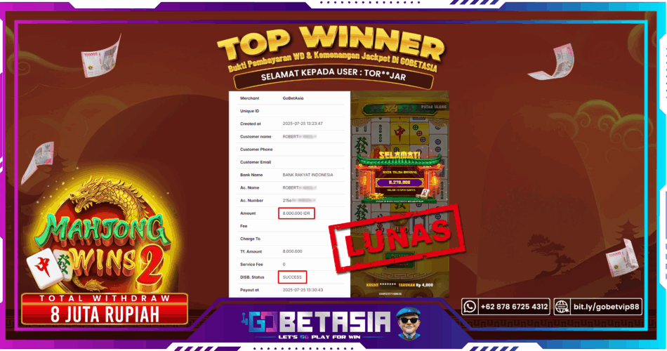 Bukti pembayaran Jackpot di GOBETASIA