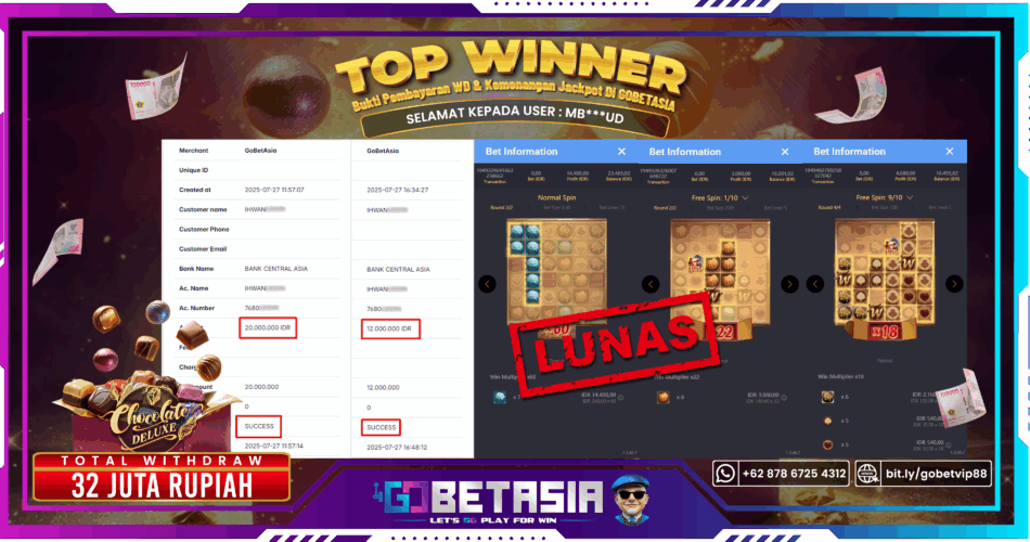 Bukti pembayaran Jackpot di GOBETASIA