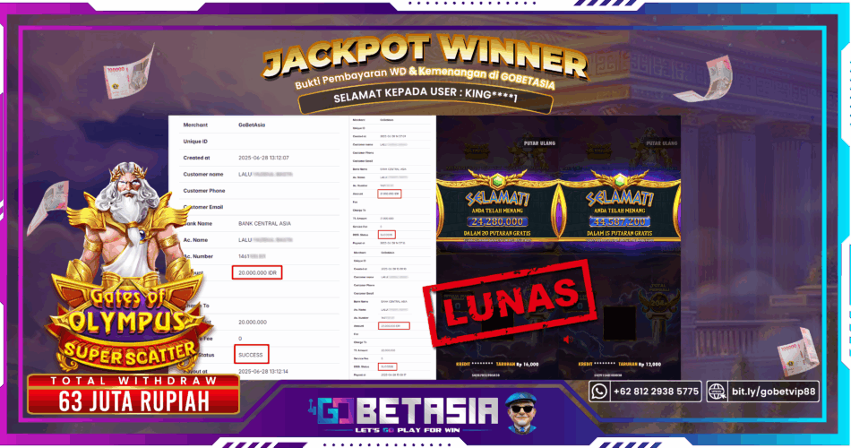 Bukti pembayaran Jackpot di GOBETASIA