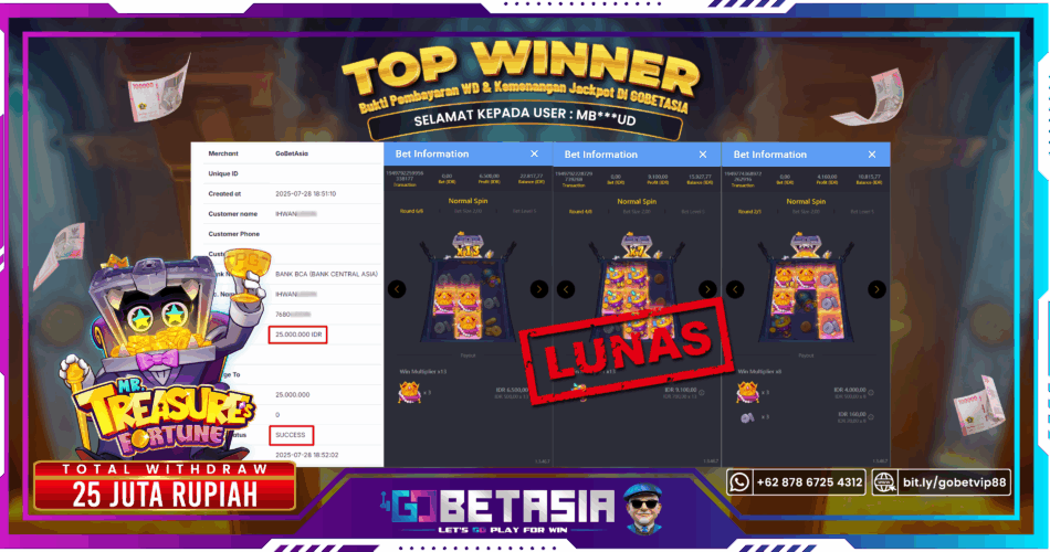 Bukti pembayaran Jackpot di GOBETASIA
