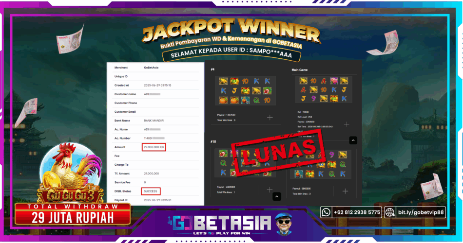 Bukti pembayaran Jackpot di GOBETASIA