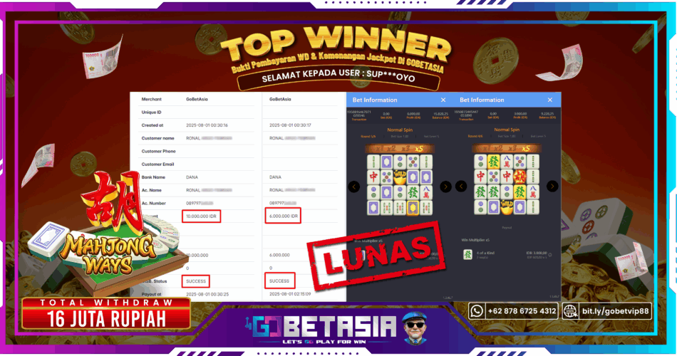 Bukti pembayaran Jackpot di GOBETASIA