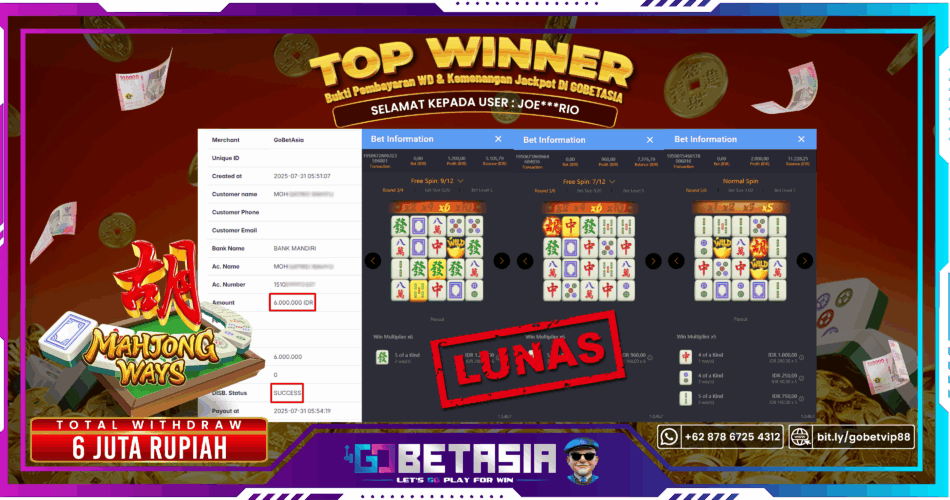 Bukti pembayaran Jackpot di GOBETASIA