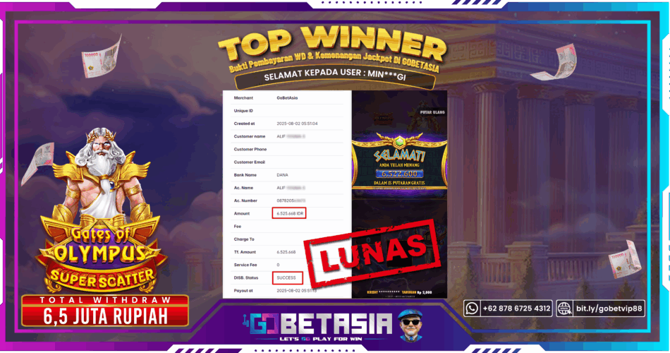 Bukti pembayaran Jackpot di GOBETASIA