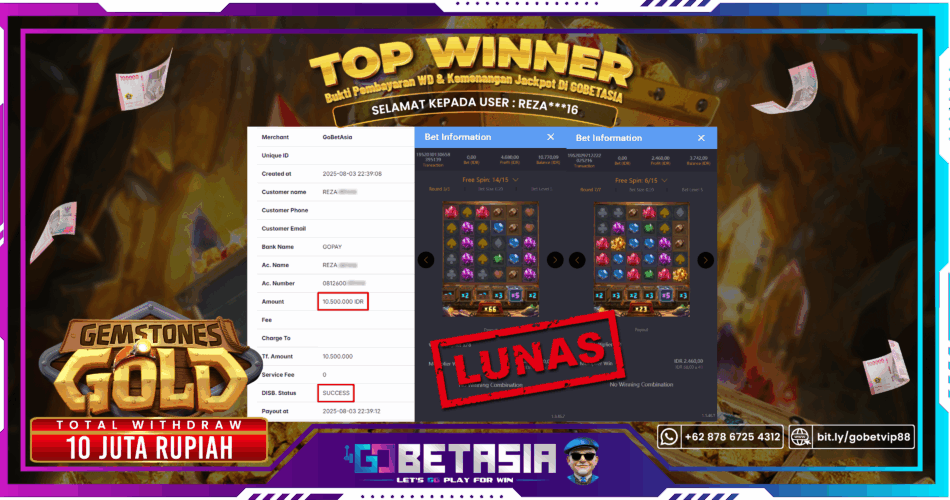 Bukti pembayaran Jackpot di GOBETASIA