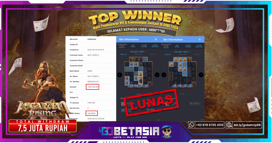 Bukti pembayaran Jackpot di GOBETASIA