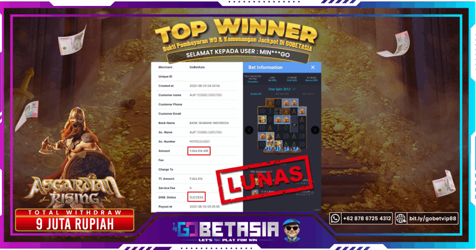 Bukti pembayaran Jackpot di GOBETASIA