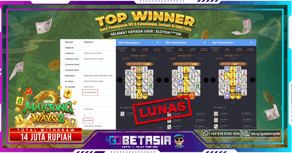 Bukti pembayaran Jackpot di GOBETASIA