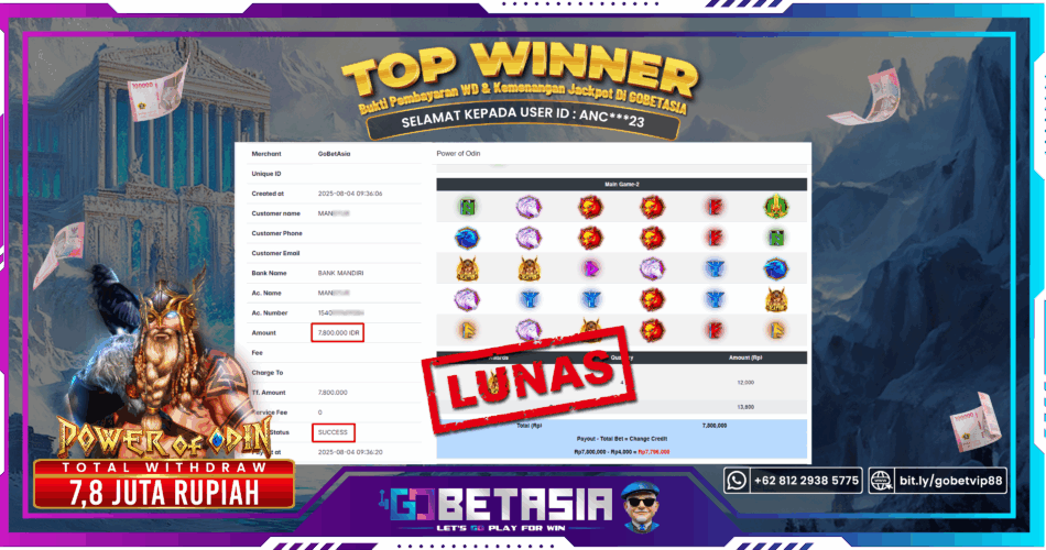 Bukti pembayaran Jackpot di GOBETASIA