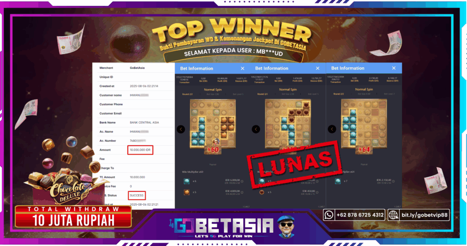 Bukti pembayaran Jackpot di GOBETASIA